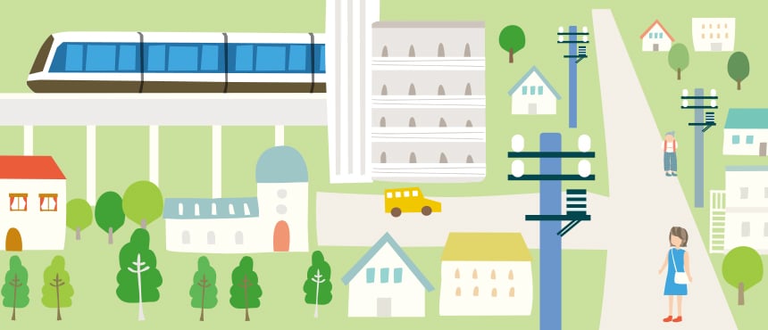 電車や電柱などがある街なかを描いたイラスト